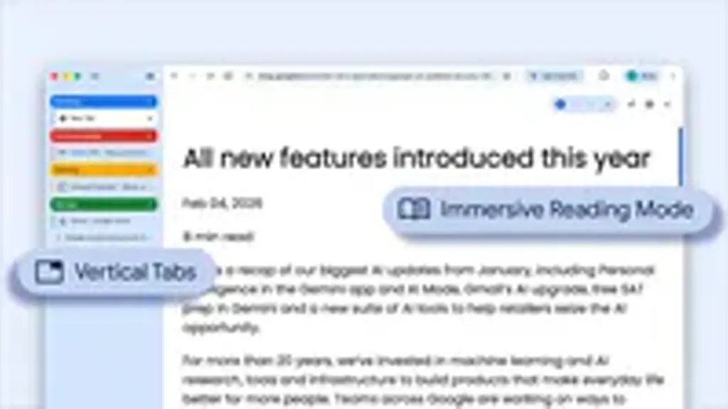 [Note: Fallback Ollama Cloud]

Capture d’écran de Google Chrome affichant les nouveaux onglets verticaux à gauche et le mode de lecture activé, illustrant les fonctionnalités d’amélioration de la productivité.