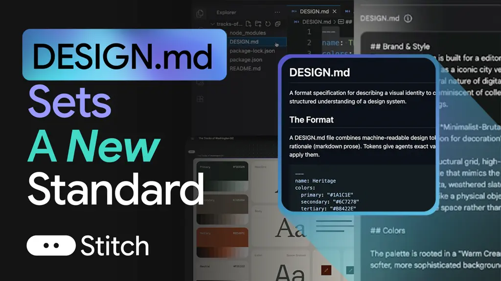 [Note: Fallback Ollama Cloud]

Illustration du logo Google Stitch accompagné du texte “DESIGN.md” et d’un symbole open‑source, représentant le nouveau format de documentation standardisé.