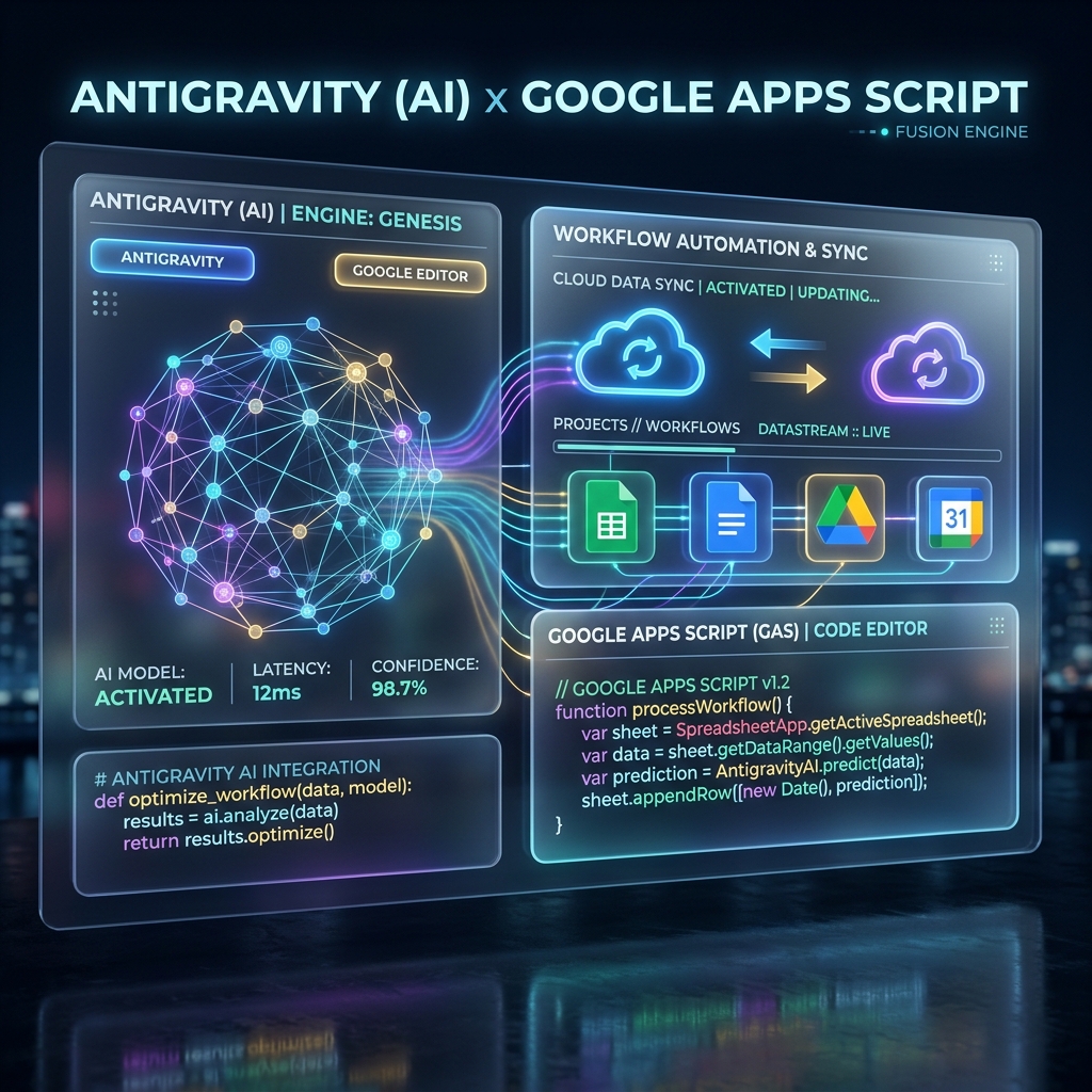 [Note: Fallback Ollama Cloud]

Diagramme illustrant une gravité inversée (icône d'antenne anti‑gravité) associée à des symboles de fusion nucléaire à gaz et au logo Google Apps Script, symbolisant l'automatisation cloud directe.